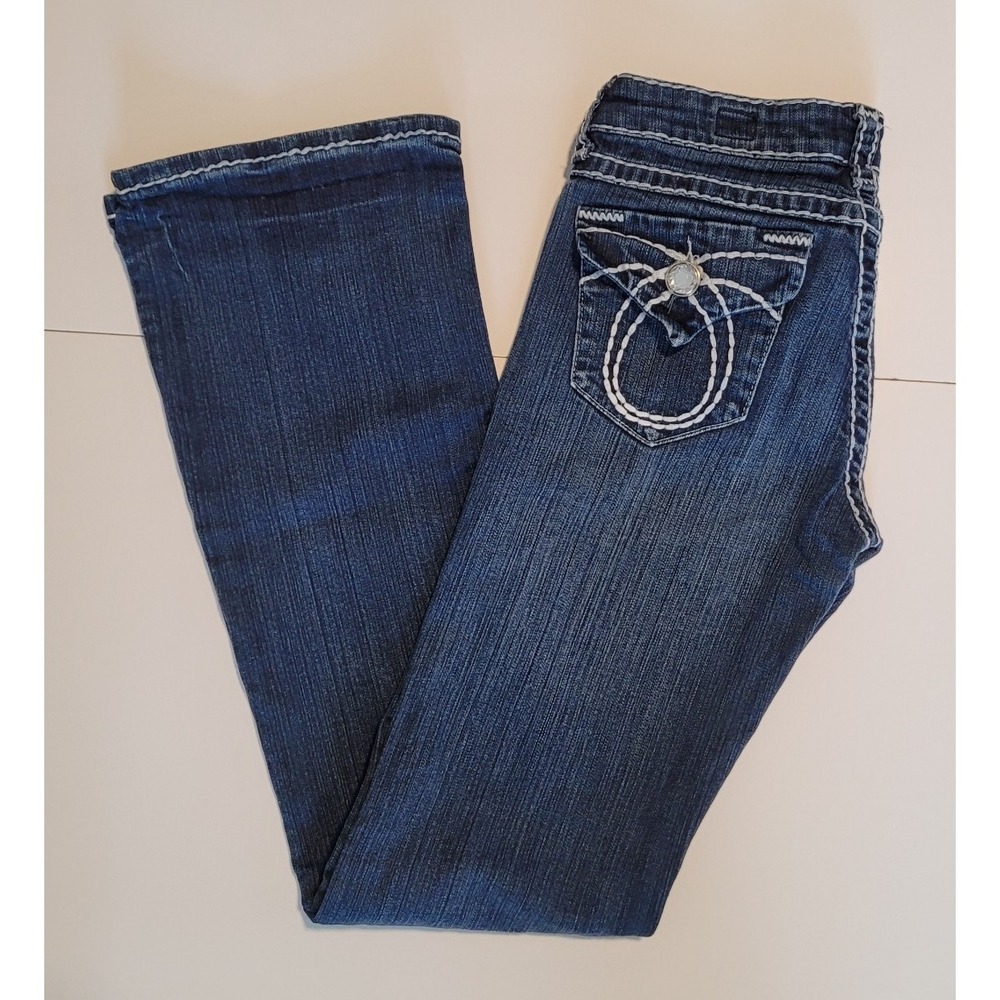 L.A. Idol USA Women's Bootcut Jeans Size 7 Low Rise Blue Denim White Stitch Rhin